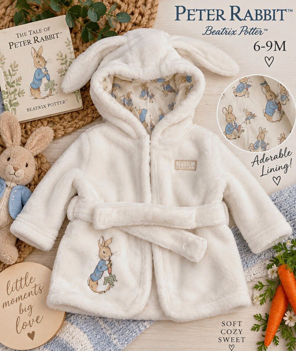 Peter Rabbit Baby Hooded Fleece Coat Cotton Lined Tie White 6-9 Months